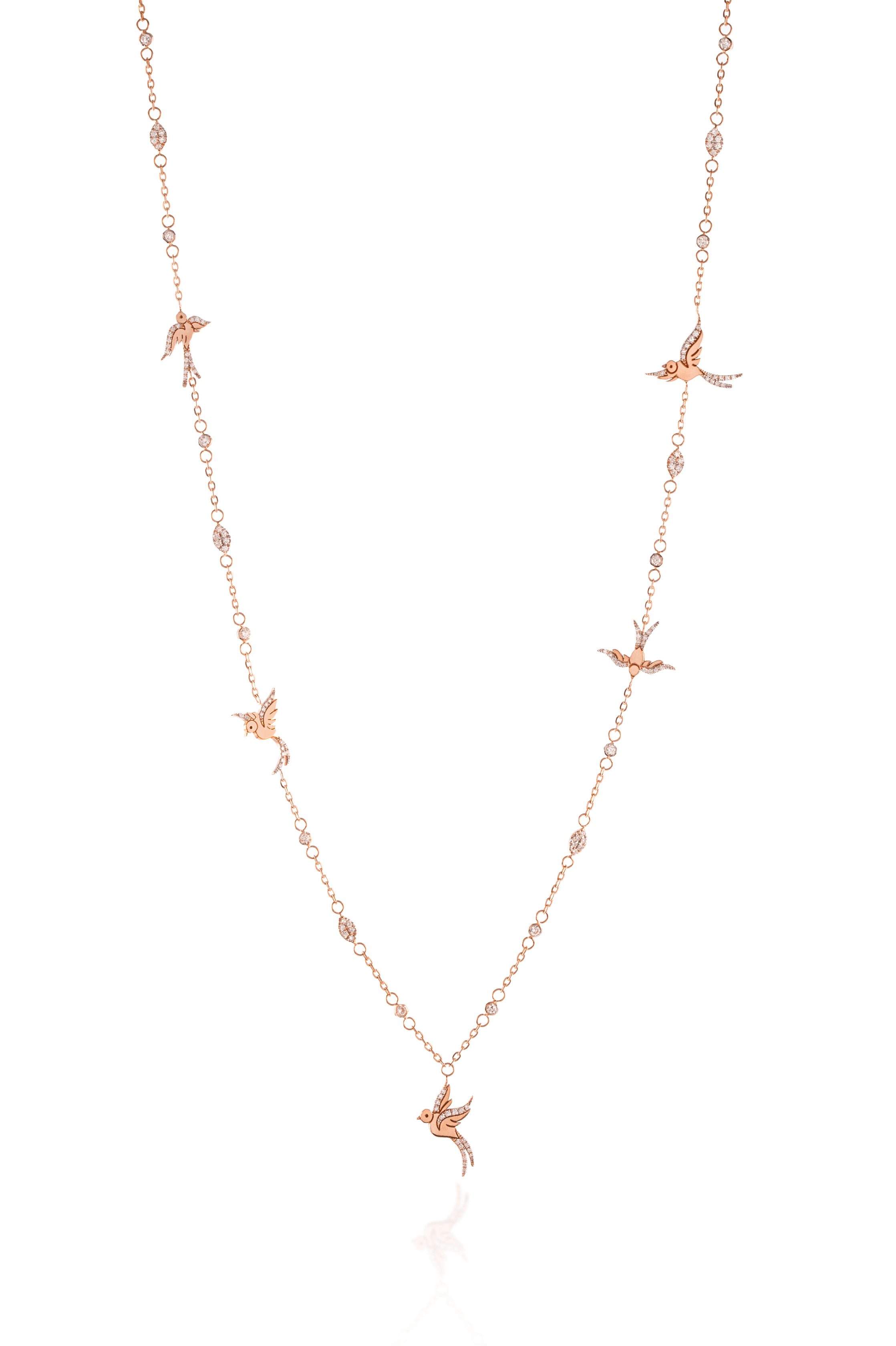 Exquisite Diamond Embellished Playful Birds Lengthy Necklace-rose
