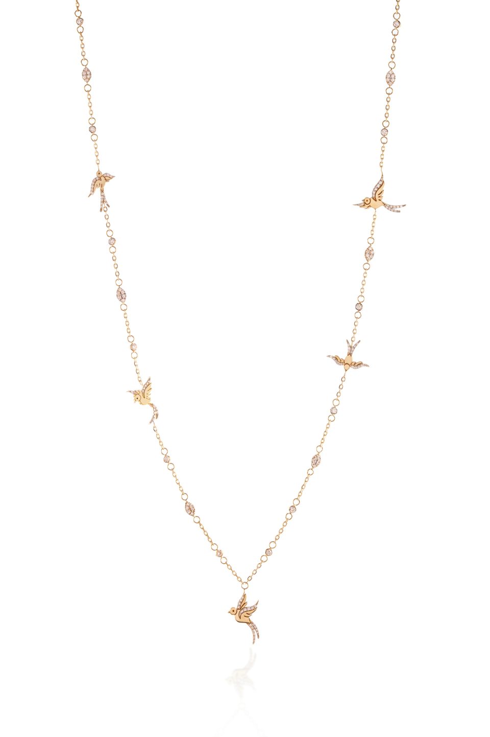 Exquisite Diamond Embellished Playful Birds Lengthy Necklace