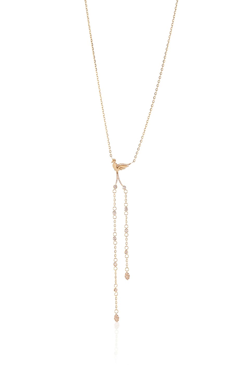 Graceful Bird Necklace with Duo Diamond Chain Drops