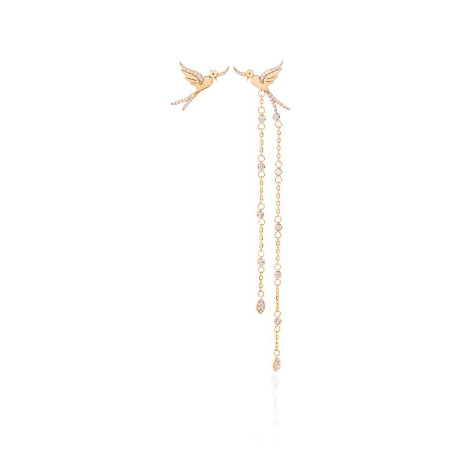 Serene Bird Earing with Cascading Diamond Chains and a Single Diamond Bird