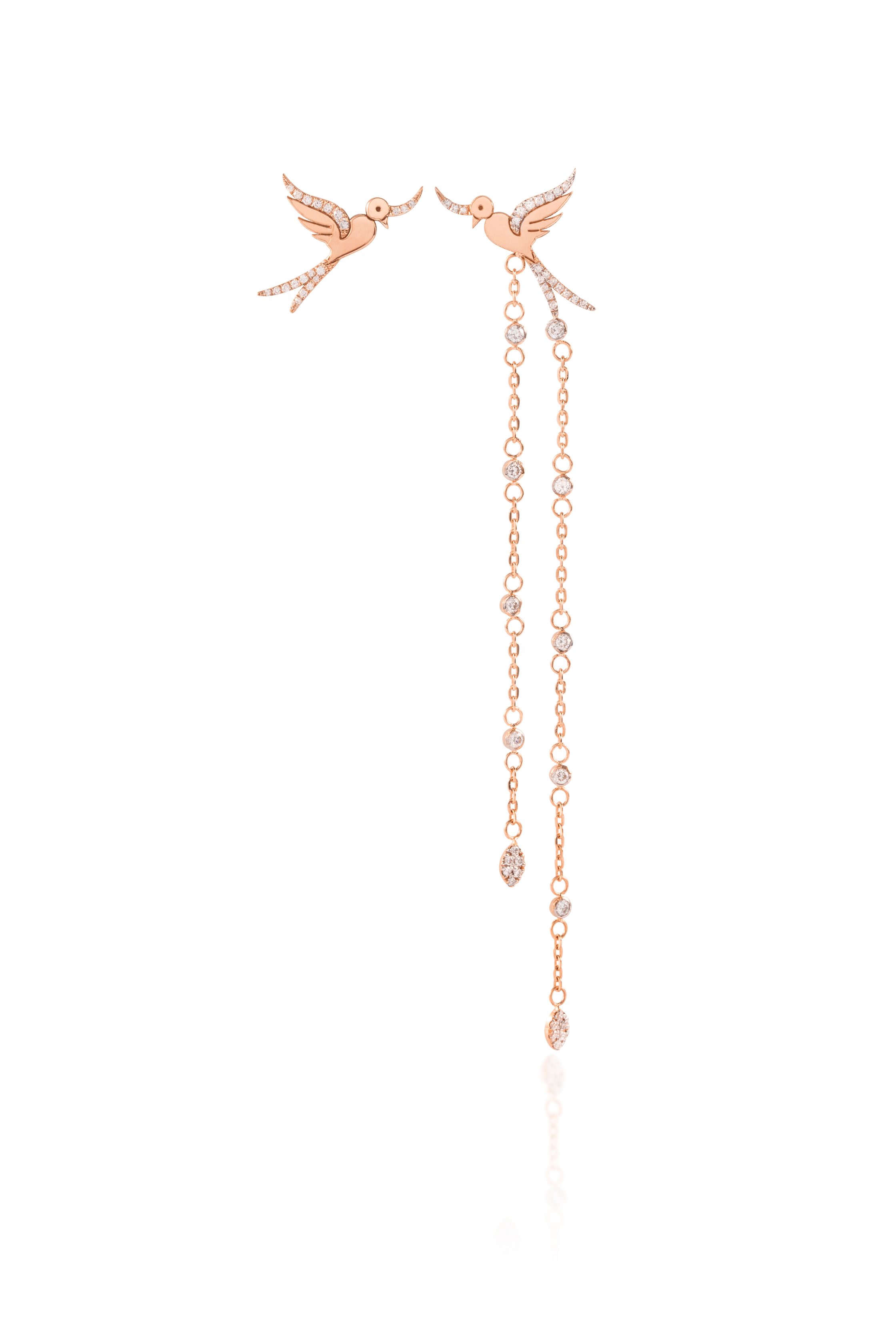 Bird Earing with Cascading Diamond Chains and a Single Diamond Bird (rose)