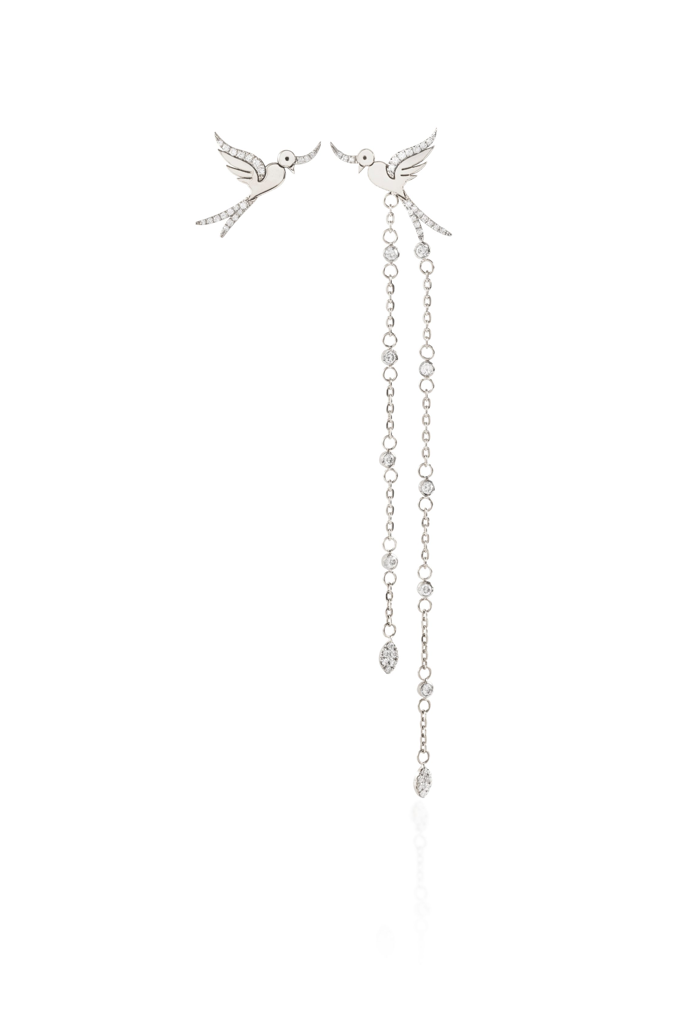 Bird Earing with Cascading Diamond Chains and a Single Diamond Bird (white)